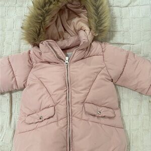 Zara Pink Puffer Jacket with Faux Fur Hood